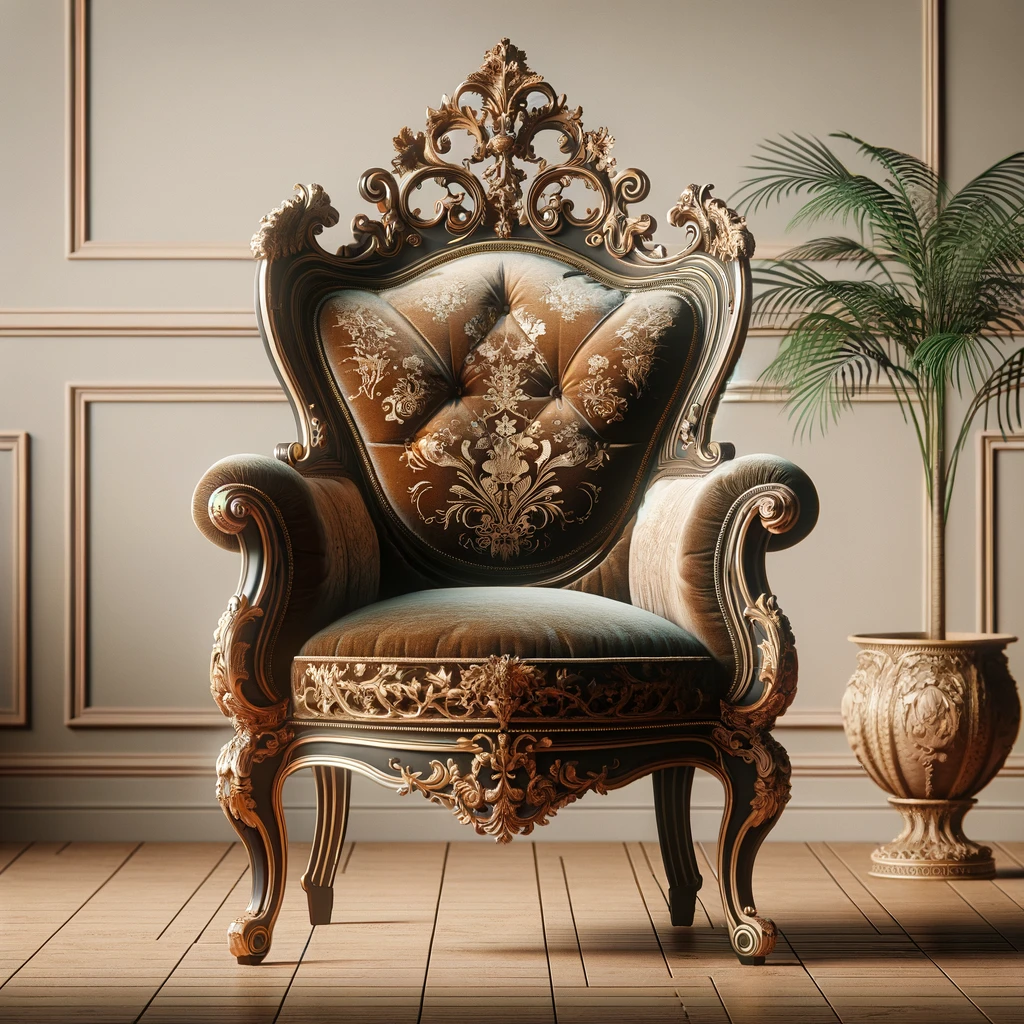 Le comparatif des sièges baroques 1 DALL·E 2024 03 14 14.56.09 Create an image featuring an elegant baroque chair set against a soft F3F5F8 background. The chair should exhibit the luxurious and intricate design