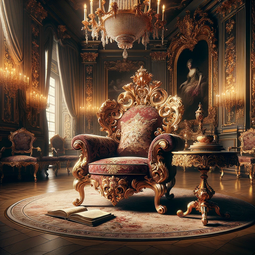 Royaldecorations - Rey Barroco 2 DALL·E 2024 03 24 09.01.54 Imaginez une scene luxueuse et detaillee dun salon du XVIIe siecle eclaire par la lumiere douce des bougies. Au centre une chaise baroque opulente