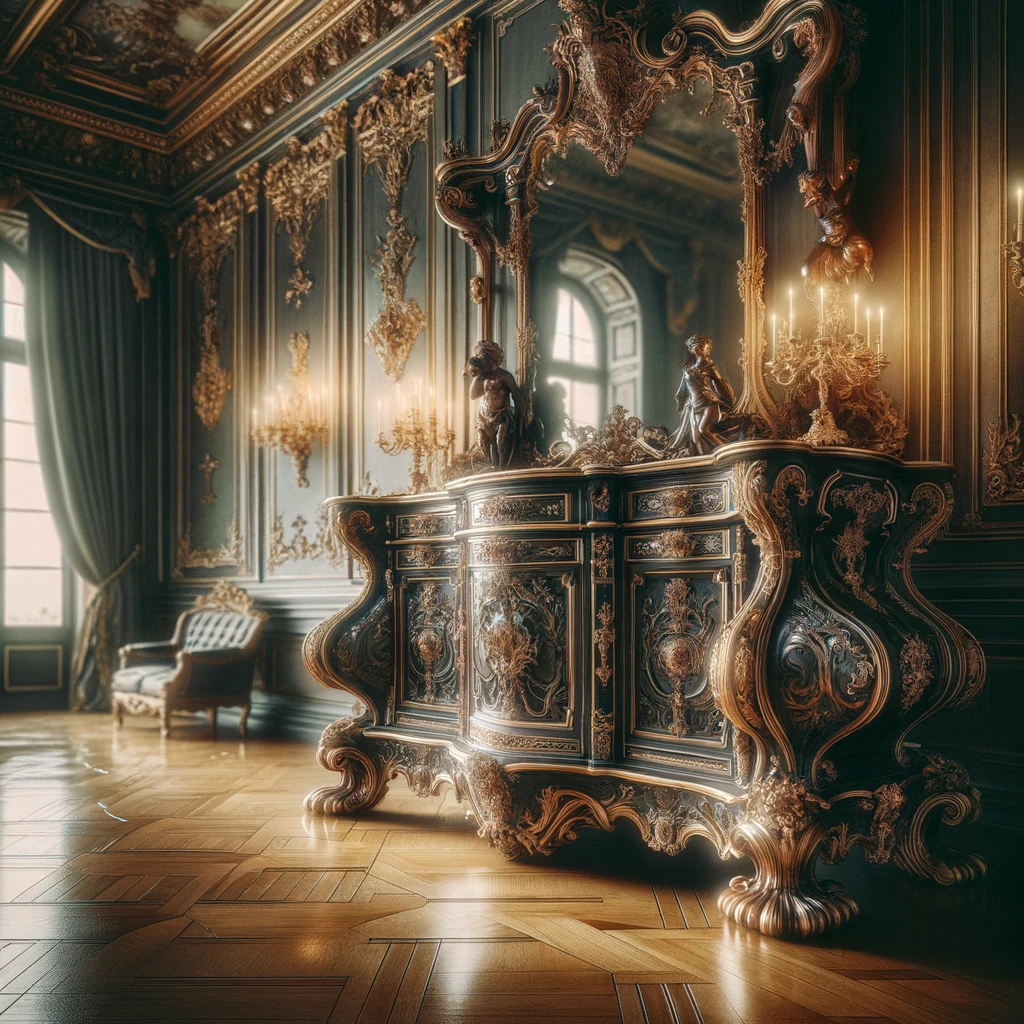 Royaldecorations - Rey Barroco 1 DALL·E 2024 03 24 09.07.46 Imaginez une piece elegante dominee par un meuble baroque majestueux. Ce meuble riche en details ornementaux est en bois sombre orne de dorures sc