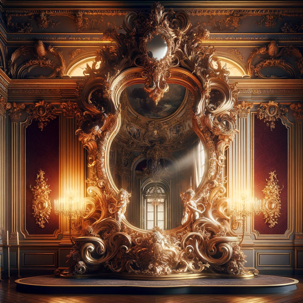 Royaldecorations - Rey Barroco 3 DALL·E 2024 03 24 09.09.52 Imaginez une scene elegante et artistique inspiree par lepoque baroque. Au centre un grand miroir baroque richement orne avec des motifs complexes e